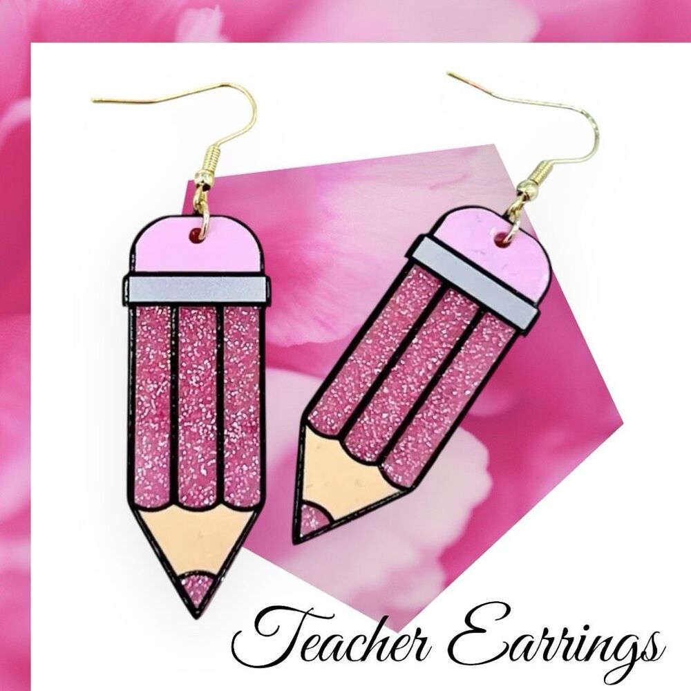 NWT Cute Teacher Student Pink Glittery Pencil Shaped Dangle Earrings